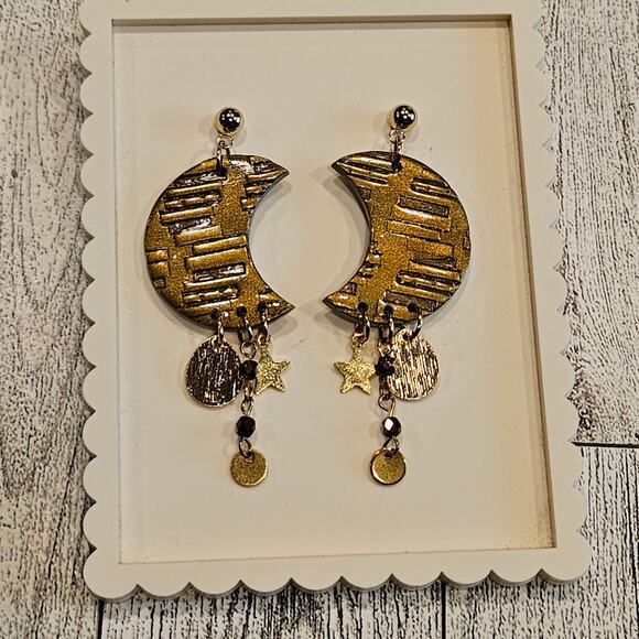 Moon Dangle Earrings Bookstack Embossed Cottagecore Read Boho Handmade Clay - Picture 2 of 5